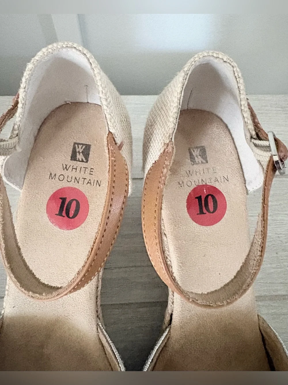 White Mountain Silver Metallic Espadrille Wedges with Tan Ankle Straps size 10